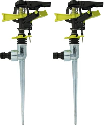Amig - Aspersor Sectorial con Cabeza - Pincho Metálico Ideal para Clavar en el Césped - 300 mm - Superficie de Riego de hasta 243 m² - Plástico ABS - Verde Pistacho y Negro (Paquete de 2)