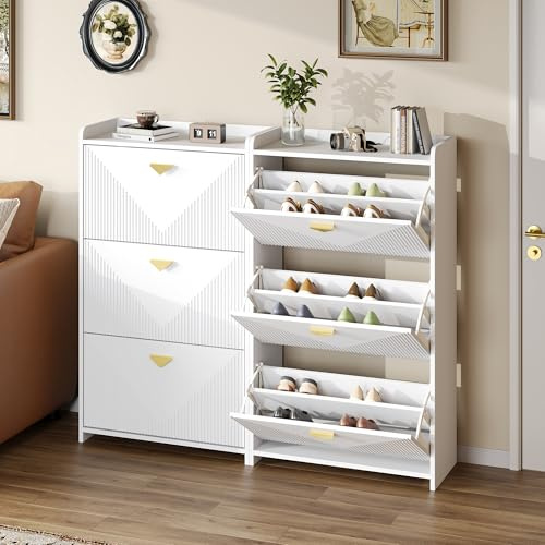Merax Schuhschrank mit 3 Klappen 2er-Set, Schuhkipper, Schuhregal, Schuhaufbewahrung, Trennwände verstellbar, für 12-18 Paar Schuhe, Anti-Kipp-Vorrichtung, goldenen Griffen, für Flur, Eingang, Weiß