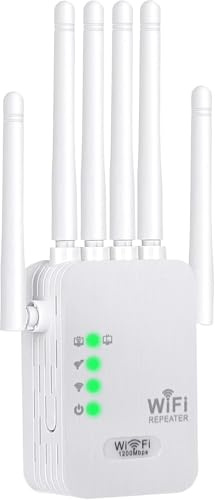 1200M Amplificador Señal WiFi 5G y 2.4G Repetidor WiFi Largo Alcance Doble Banda WiFi Extender con 6 Antenas de Alta Ganancia,2 Puerto LAN,Extensor de WiFi para casa y Oficina,Fácil de Instalar
