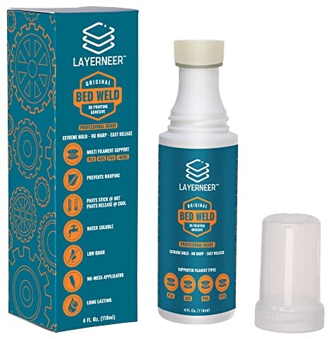 Layerneer 3D-Drucker-Kleber von Bed Weld Original, starker Halt reduziert Verziehen für ABS, PLA, und PETG Filament auf beheizten Bauplatten, 118 g.