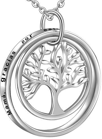 LOVORDS Collar Mujer Grabado Plata de Ley 925 Colgante Árbol de la Vida Familiar Círculo Regalo Madre Mamá