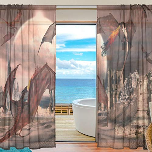 Mnsruu Yibaihe Vorhänge mit roten Drachen, 198 cm lang, Transparente Gardinen Tüll Voile, für Wohnzimmer/Schlafzimmer, 2 stücks