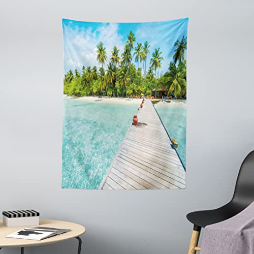 ABAKUHAUS Tropisch Wandteppich, Malediven-Insel-Strand aus Weiches Mikrofaser Stoff Waschbar ohne Verblassen Digitaldruck, 110 x 150 cm, Farngrün Türkis