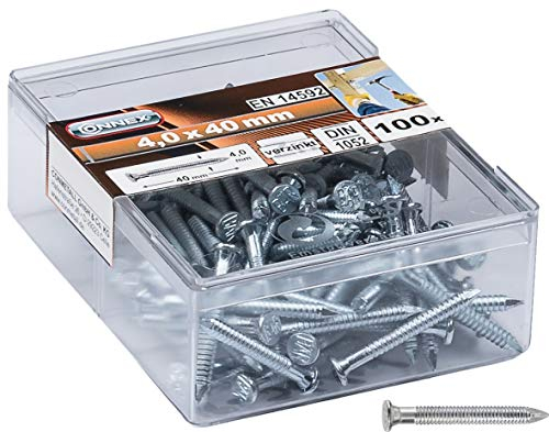 Connex Ankernägel 4,0 x 40 mm - 100 Stück - Verzinkt - Profilierter Schaft - Aufbewahrung in praktischer Kunststoffbox - Ideal für tragende Verbindungen / Rillennägel / Kammmnägel / HV4500