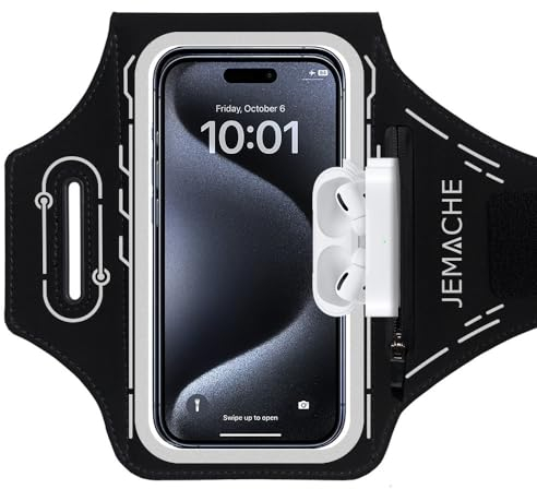 JEMACHE Running Armband for iPhone 16/14/13/12 Pro Max, 16/15/14 Plus, Gym Workouts Arm Band with Airpods Pro Pocket, Card Holder (Black)