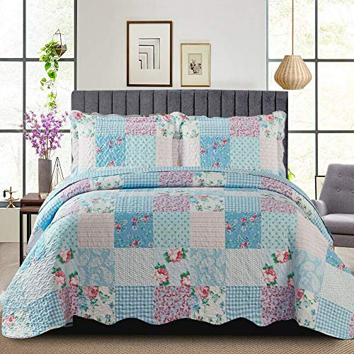 Patchwork Bedspread Box Pattern Cotton Filling Reversible Quilted Throw for Bedroom Decor - Warm Quilt Coverlets Blankets Single Bed Floral Blue Bedspread with Pillow Case