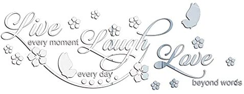 3D Live Love Laugh Blumen Spiegel Wand Aufkleber Dekoration Sofa Hintergrund Wandaufkleber Wandsticker Wandtattoo Wanddeko Wanddekoration Decals für Wohnzimmer Schlafzimmer Wohnkultur,Silber 80x29cm
