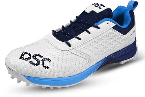 DSC Jaffa 22 Professional Cricket Shoes for Men | Toe and Heel Protection | Multilayer Cushioning | Supersoft and Flexibility | Rubber Outsole | Durability (White/Navy, Size: EU 45, UK 11, US 12)