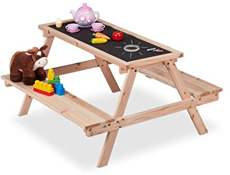Relaxdays Kindersitzgruppe, Holz, Kindertisch mit Kreidetafel, Garten, HBT: ca. 51 x 90 x 87 cm, Maltisch, natur/schwarz