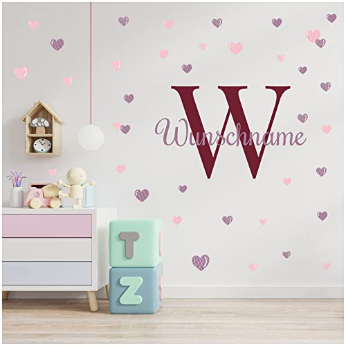 yabaduu Wandsticker personalisiert Sticker Aquarell Tiere mit Name Wandtattoo für Kinderzimmer Babyzimmer Spielzimmer Mädchen Junge Y037 (Nr. 26 Herzen, Mit Wunschname)