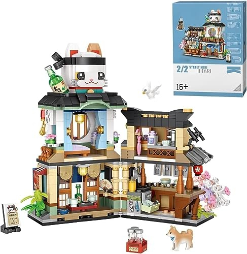 FULHOLPE Japanische Street View Serie Architektur Bausteine, 789 Teile Japan Izakaya Modellbausatz, DIY Mini Modular Haus Klemmbausteine MOC Bauspielzeugsets für Kinder Erwachsene