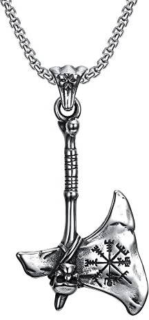 DFWY Viking Axe Necklace,Vintage Norse Viking Compass Rune Axe Necklace, Norse Myth Stainless Steel Celtic Skull Axe Pendant Amulet Jewelry Men Boy Gift (Color : Silver)