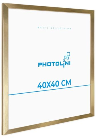 PHOTOLINI Bilderrahmen 40x40 Gold, Bilderrahmen quadratisch 40x40 Holz MDF mit bruchsicherem Acrylglas, Rahmen 40 x 40 zum Aufhängen mit Zubehör - Picture Frame für Fotos & Poster