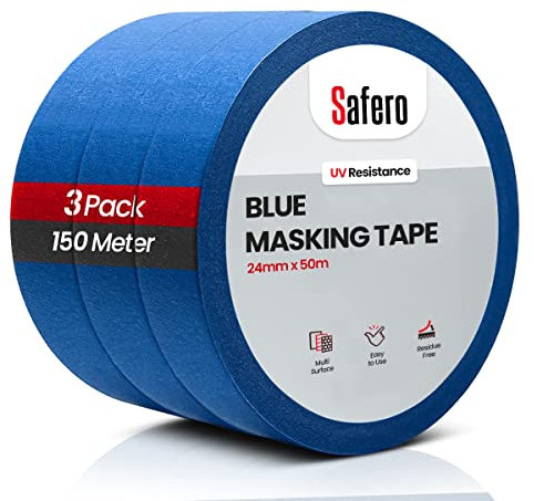 Pack of 3 Blue Masking Tape for Painting 24mm X 50 Meter | UV Resistance Painter Tape used by Master Painters, Car Painters and artists | Strong Sticky Sharp Edge Tape for Decorating & DIY