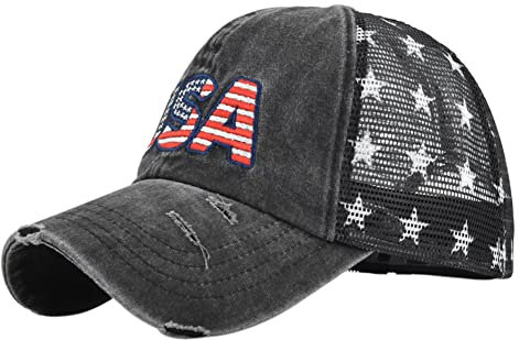 YULOONG Vintage Half Mesh Baseball Cap Stickerei USA Stars Washed Denim Trucker Cap Cotton Sun Hat Adjustable Unisex Schwarz