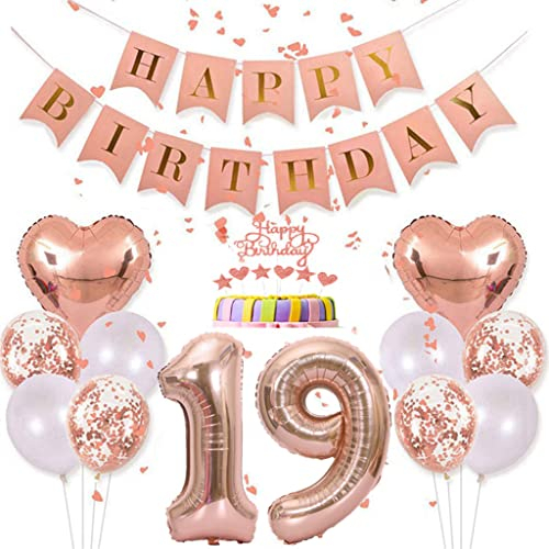 Conruich Deko 19. Geburtstag Mädchen - Rosegold Tortendeko, Ballon, Happy Birthday Banner - 19 Jahre Geburtstagsdeko