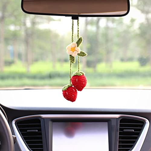 Bunny Crochet Strawberry Car Hanging Ornament, Handmade Rear View Mirror Accessories, Bag Charm Keychain, Adjustable Pendant Decor