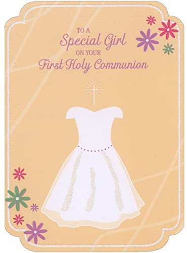 Designer Greetings White Dress on Light Orange Background with Thin Glitter Border Die Cut 1st / First Communion Congratulations Card for Girl