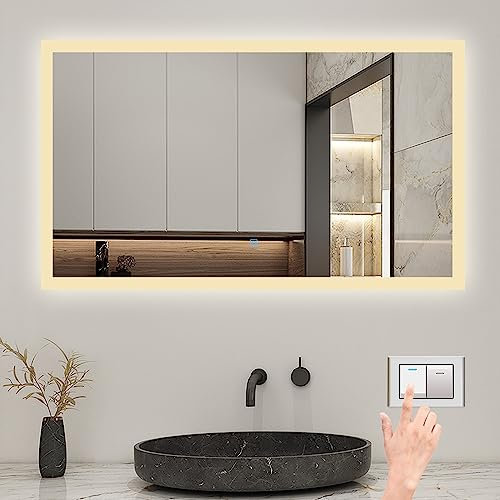 Biubiubath 80x60cm LED Badspiegel mit Wandschalter/Touchschalter,Badspiegel mit Beleuchtung,Beschlagfrei,Badezimmerspiegel mit 3 Lichtfarbe 3000-6000K Dimmbar,IP44