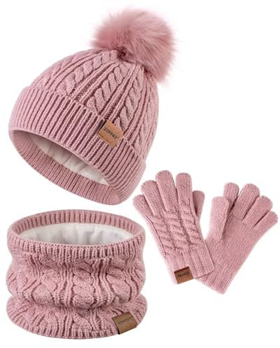 ZUPPAD Mütze und Schal Kinder Set, Kinder Beanie Mütze Winter mit Bommel Strick Halswärmer Halstuch Schlauchschal Warme Handschuhe Fleece-Gefüttertes Geschenk Set für Mädchen und Kinder(Rosa)