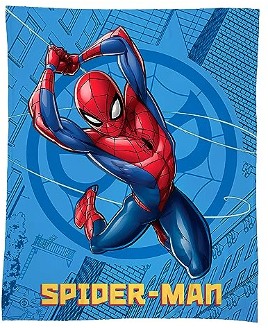 OMYDREAM Spiderman Action Fleecedecke, Bedruckt, 125 x 150 cm | Öko-TEX | große Kuscheldecke 125 x 150 cm für Kinder | Blau