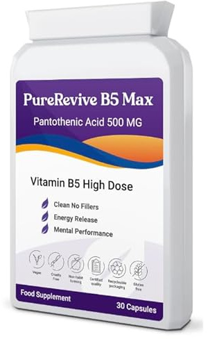 PureRevive High-Potency Vitamin B5 500mg - Advanced Pantothenic Acid Formula for Enhanced Metabolism, Skin & Joint Support | Non-GMO, Gluten-Free | Made in UK (30)