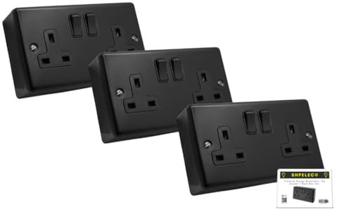 SHPELEC® Matt Black Finish 13A Metal Double Socket with 35mm PVC Surface Mount Back Box - Modern Design, Easy Installation (2 Gang Socket + Back Box (3 pack))