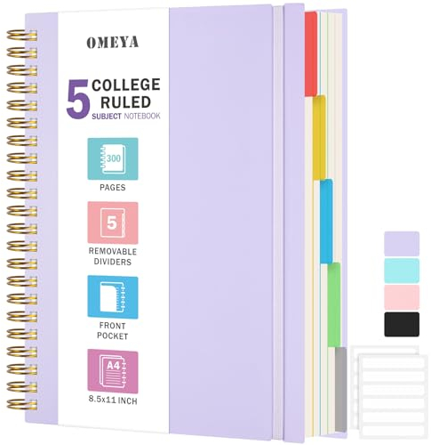Notizbuch, Notizbuch A4 Liniert, Notizbücher Mit 5 Fächern Und Herausnehmbaren Trennblättern, 300 Blatt 100GSM Spiral Notizbuch Softcover Zum Schreiben, Für Arbeit Und Schulbedarf, 21.5 x 27.9cm, Lila