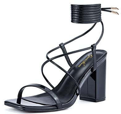 GENSHUO Sandali da Donna Estivi con Cinturino e Tacco Largo, con Lacci e Punta Quadrata Aperta per Matrimonio, Nero B, EU 38.5