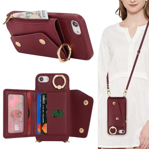 Lipvina Coque pour iPhone 8 avec Cordon Porte Carte Portefeuille Étui iPhone SE(2020/2022) avec zippé Cordon Réglable Collier Housse Etui avec Anneau pour iPhone 7 - Rouge