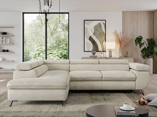 MKS MEBLE Sofa L, Wohnlandschaft L-Form mit Schlaffunktion und Bettkasten, Schlafsofa mit Bettkasten, Ecksofa, Sofa mit Einstellbare Kopfstützen, Pedro L - Beige Velvet - Links