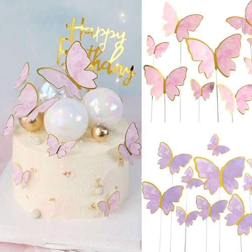 20 Pcs Butterfly Cake Topper Decorations, 3D Cupcake Toppers Gold-Rimmed Pink and Purple Butterfly for Girls Women Happy Birthday Cake Wedding Party Food Decorations Supplies