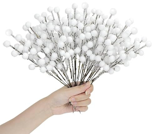 23GUANYI 16 Piezas Bayas Blanco de Navidad, Tallos de Bayas Navidad Artificial Acebo Navidad Decoracion para Árbol de Navidad Guirnalda Invierno Casa Boda Decoración DIY Artesanía