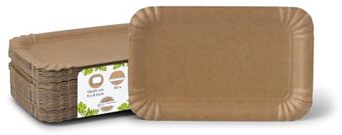 GREENBOX Lot de 50 assiettes rectangulaires en carton marron 13 x 20 cm | Durable, robuste et recyclable | Assiettes jetables pour anniversaires, barbecues et fêtes | Sylviculture durable | Disposable