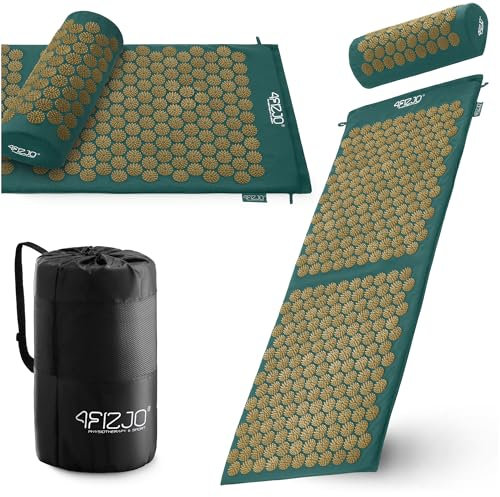 4FIZJO Akupressurmatte & Kissen XL, 110x42x2 cm, mit Tragetasche, Polyurethanschaum, Hypoallergen, 15330 Stacheln, Massagematte für bessere Durchblutung, Muskeln Entspannung, Farbe: Grün und Gold