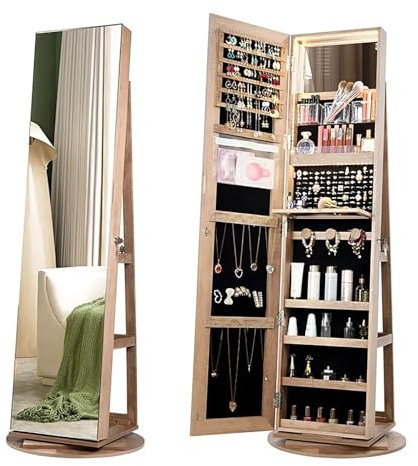 ZXTRYBHD Armoire a Bijoux Pivotante à 360° avec Lumières, Armoire a Bijoux avec Miroir sur Pied, Miroir Rangement Bijoux Rotative, Coffre à Bijoux avec Verrou