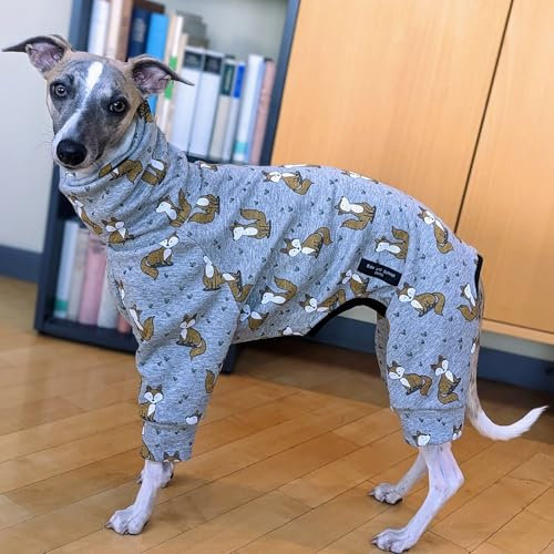 EDEL&SCHNELL Hundepullover grau aus kuscheliger Baumwolle mit Fuchsmotiv, Hundepyjama ohne Reißverschluss, gemütlicher Hundebody Größe 40–45 für Windspiel & Whippet