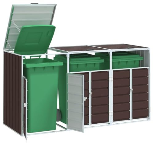 Brokky Wheelie Bin Storage for Triple Bins Brown 216x81x115 cm Steel-Garden Wheelie Bin Hideaway Waste Bin,Storage Shed w/Locking Doors Assisted lift up Lid easy use Outdoor Hygienic Dustbin Unit Cove