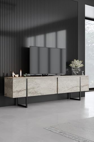 Hanah Home Stylish TV Stand with Metal Legs, 180 cm Wide, Travertine & Black | 100% Melamine Coated Particle Board, 18 mm Thick | Modern Marble Design for Living Room