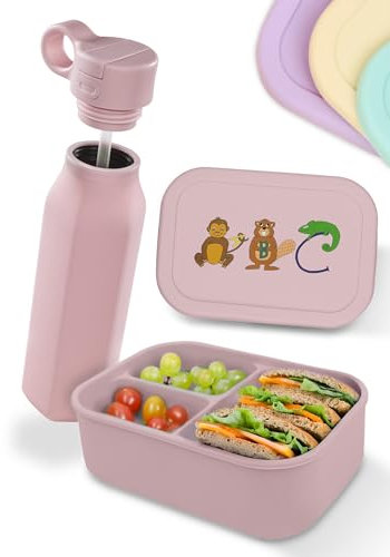 Deine Schulhelden Lunchbox Set - Silikon Kinder Brotdose mit ABC Motiven & Trinkflasche - Bruchfest & Auslaufsicher, BPA-frei, Spülmaschinenfest - 800ml Brotdose & 500ml Trinkflasche (Pastel Rosa)