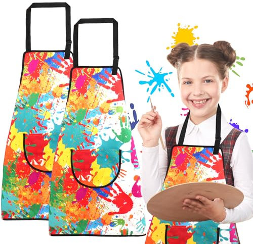 Deepton Malschürze Kinder, 2 Stück Verstellbare Kinderschürze, Wasserdicht Kochschürze 60 x 45 cm, Schürze Kinder mit Taschen für Jungen Mädchen Malen Backen Kochen Basteln (6-8 Jahre)