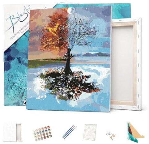 BlazArt Peinture par numéro Adulte avec Cadre 40x50 cm débutants | Kit complet prêt à l’emploi et à accrocher | DIY anti-stress | Marque française peinture numero - Paysage (Arbre 4 saisons)