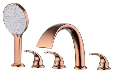 Mitigeur Baignoire Cascade, Robinet Baignoire avec 3 Modes Douchette Robinet de Baignoire Laiton 3 Poignées 5 Trous Mitigeur de Baignoire avec Flexible de Douche(Rose Gold)