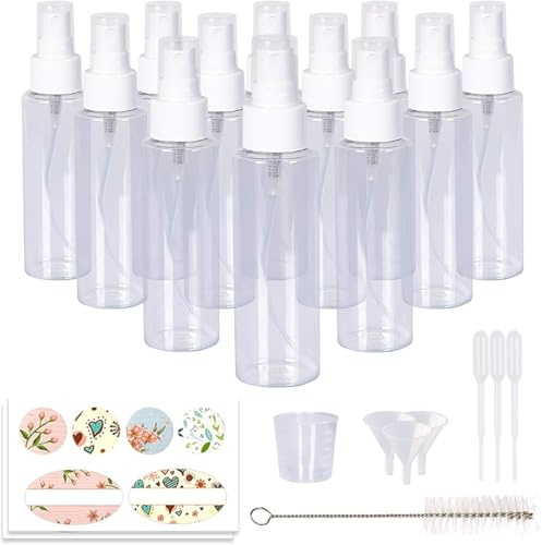 HAYHOI 12 Pack 3.4oz/100ml Clear Plastic Spray Bottles with White Fine Mist Sprayers for Essential Oils, Perfumes & Aromatherapy (Brush, Funnels, Droppers, Labels & 30ml Measuring Cup Included)