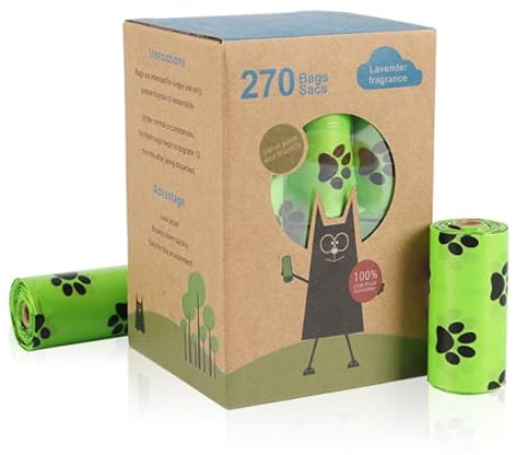 270 biologisch abbaubare Kotbeutel, Lavendelduft – 18 Rollen mit je 15 Beuteln – 23 cm x 33 cm – groß und dick – Kotbeutel für Hunde, umweltfreundlich, kompatibel mit Spender