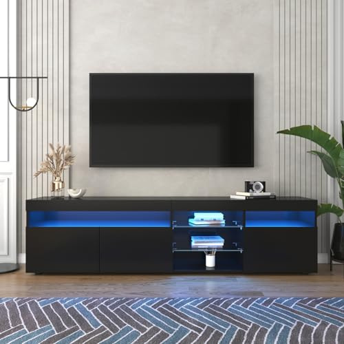 PUGSDRLY Meuble TV Contemporain Noir 180cm avec Éclairage LED Réglable et Finition Brillante,Adapté aux Salons et Salles à Manger (Black)