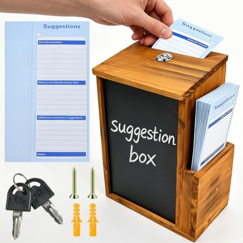 ZXBBTZ Scatola di proposte in legno con lucchetto, rustica, con lavagnetta, con serratura con 50 carte di credito, urna elettorale per club, chiesa, ufficio, cassetta delle lettere, legno, montaggio a