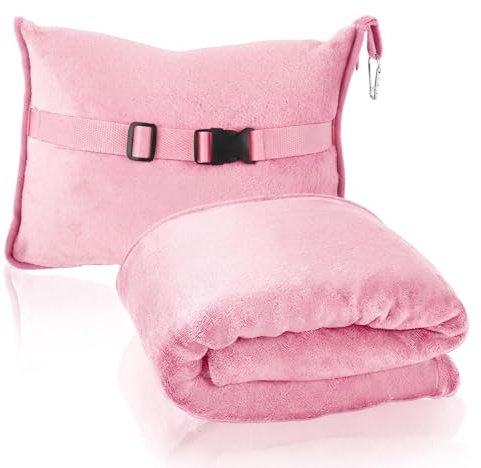 Eulihent Travel Blanket and Pillow 2 in 1 Airplane Blanket Ultralight Compact Foldable Soft Flannel Blanket with Luggage Belt and Backpack Clip for Long Flights, Camping, Car, Business Trips (Pink)