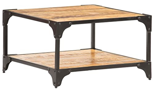 YunCangg Tavolino da salotto in legno di mango massiccio, 60 x 60 x 35 cm, con ripiano, design industriale, tavolino stabile per soggiorno, divano, salone, spazio per riporre oggetti e riporre oggetti