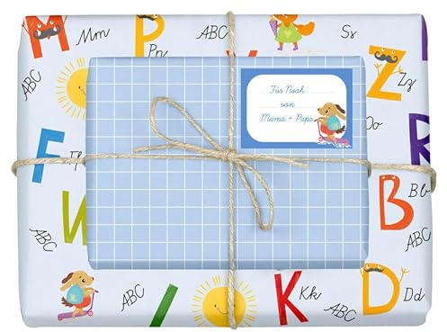 dabelino Geschenkpapier-Set für Kinder, Einschulung (für Jungen): 4x Einzelbögen + 4x Schulheft-Etiketten